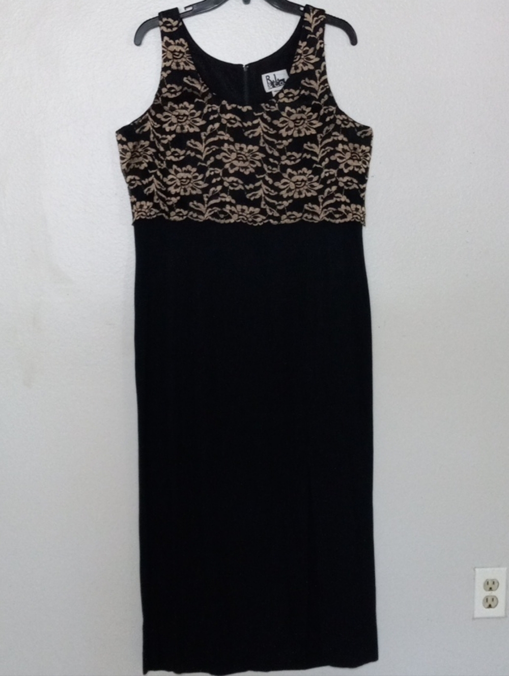 R.J. & Co Sleeveless Black Dress with Gold Lace Bodice Size 14